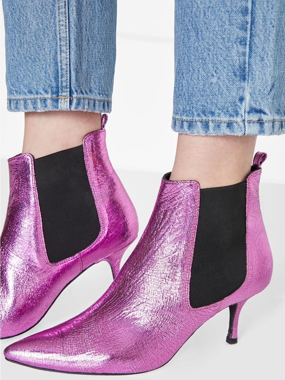 Anine Bing Stevie Metallic Pink Chelsea Ankle Boots with Kitten Heel